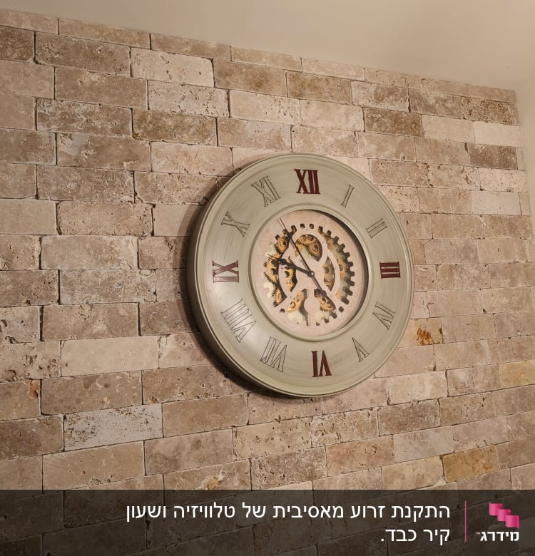 שעון קיר עם מספרים רומיים על קיר לבנים